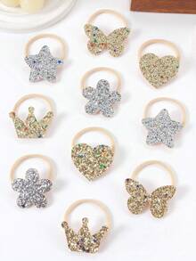 10 chiếc dây buộc tóc lấp lấp lánh vàng và bạc dễ thương, hình bướm, vương miện, hoa, sao, trái tim, chất liệu vải không dệt, phụ kiện tóc ngọt ngào cho bé gái dùng hàng ngày và dự tiệc. - Nhiều màu - Xem 3