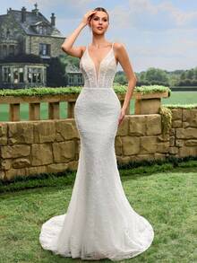 Vestido de novia elegante y ajustado de unicolor con encaje de espina de pescado, primavera - Blanco - Ver 8