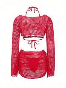Swim  Women Red Mesh Sexy Bikini Set 4pcs, With Solid Burgundy Color, Beach Swimwear For Summer Beach Vacation - 酒紅色 - 查看 6
