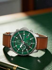 Fossil Đồng hồ nam Dillinger Series, mặt số xanh lá cây, dây da nâu, đồng hồ bấm giờ thạch anh kiểu cổ điển sang trọng với dây da thật, dạ quang và khả năng chống nước, quà tặng thương hiệu dành cho bạn trai/cha, kèm hộp chính hãng FS5734 - màu xanh lá - Xem 1