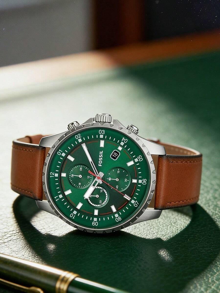 Fossil Đồng hồ nam Dillinger Series, mặt số xanh lá cây, dây da nâu, đồng hồ bấm giờ thạch anh kiểu cổ điển sang trọng với dây da thật, dạ quang và khả năng chống nước, quà tặng thương hiệu dành cho bạn trai/cha, kèm hộp chính hãng FS5734 - màu xanh lá - Xem 1