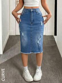 Plus Size Women Stretchy Fitted Sexy Denim Mini Skirt - Medium Wash - View 3
