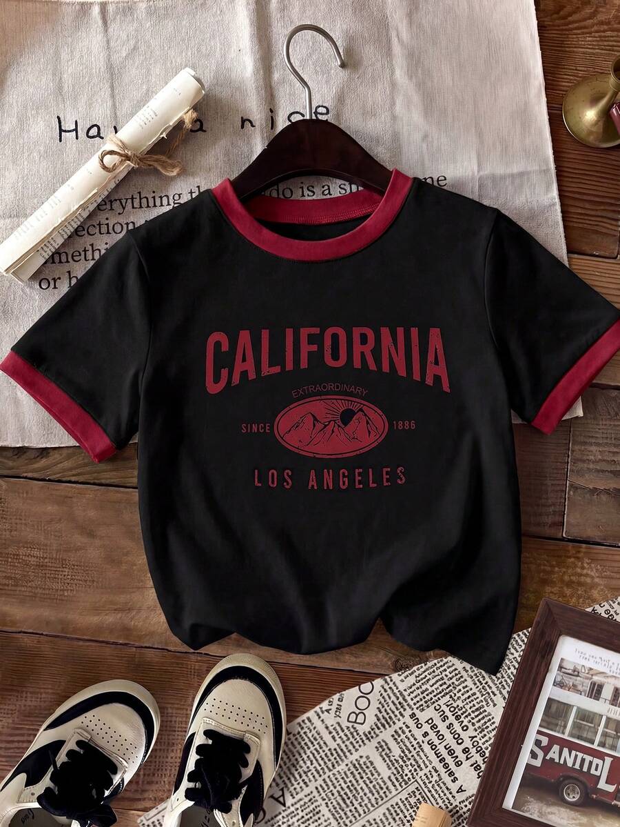 1件女童休闲百搭T恤，简约印花圆领短袖，夏季 - 玫紅色 - 查看 1