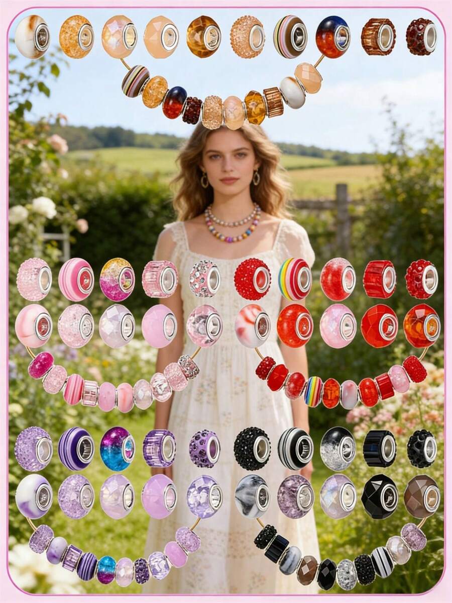 20pcs/Set Random Mixed Color Acrylic Large Hole Beads, Bracelet Spacer Beads, Necklace Jewelry Making Supplies - Pink - View 1