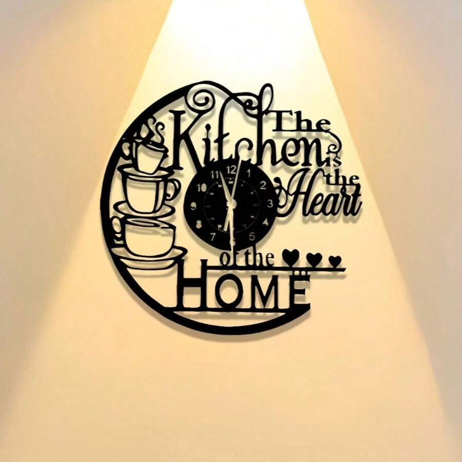 1pc "Kitchen Is The Heart Of The Home" Metal Flat Wall Clock Decor - Modern Farmhouse Kitchen Decoration With Stacked Coffee Cups And Teapot Shaped Hollow Static Hands, Suitable For Home, Cafe, Restaurant - Easy To Install Hardware Valentine's Day Decor - Black - View 1