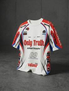 Men's Loose T-Shirt With Motorcycle Offroad Racing Pattern, "Only Truth" Letter & Number 09 Print, Colorblock, Y2K Streetwear Vibe - Multicolor - View 3