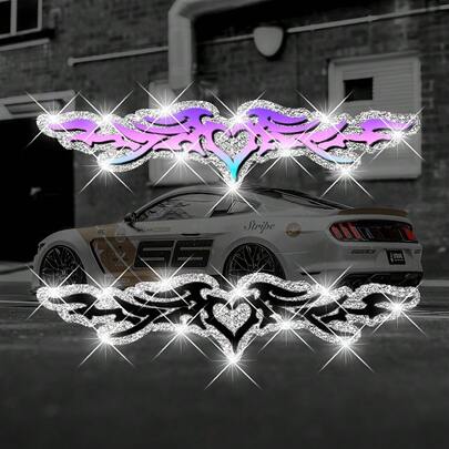 1pc Bling Heart & Wing Stickers, Glitter Vinyl Car Decals For Front/Rear Window, Bumper, Body Decoration, Suitable For Night Driving