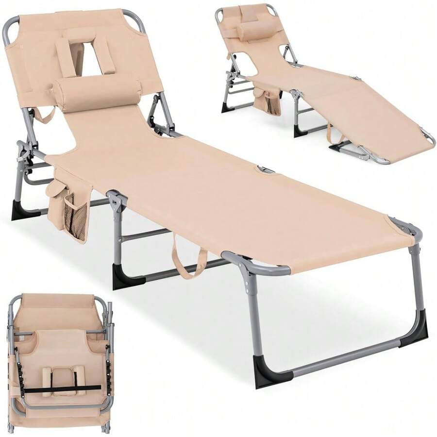 Tanning Chair With Face Hole, Folding Beach Lounge Chair With 4-Position Adjustable Backrest, Pillow & Side Pocket, Foldable Chaise Lounge Chair Outdoor For Sunbathing, Camping (1, Beige) - Be - Xem 1