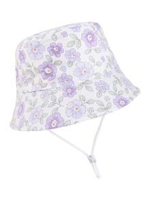 1pc Children's Bucket Hat With Purple Floral Pattern, Suitable For Infants & Toddlers, Daily Outdoor Activities, Beach, Sun Protection - Mauve Purple - View 7