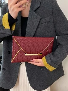 编织纹理手拿包，时尚小方信封包，女士款 - 紅色 - 查看 2