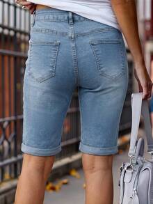 European And American Fashion Tight Bodycon Niche Design Minimalist Washed Denim CuffedBermuda Shorts For Women Casual - Light Wash - View 4