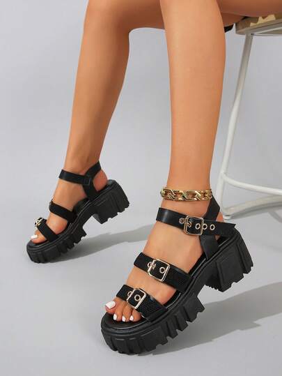 朋克风女式厚底凉鞋，增高厚底单带搭扣罗马凉鞋，适合日常通勤、聚会、派对、夏季户外海滩等场合
