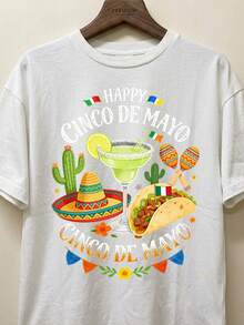 Happy Cinco De Mayo Unisex Cotton T-Shirt Vintage Cartoon Mexican Fiesta Graphic Margarita Taco Cactus Maraca Cinco De Mayo Party Daily Casual Wear Top - 白色 - 查看 1