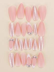 24pcs Extra Long Oval (Almond) Shaped Press-On Nails, Luxurious Gradient Rhinestone Manicure With Nude Pink Base, Blending Gradient Pink Rhinestones, French White Tips And Circle Rhinestone Decor, Elegant High-End Party Style, Suitable For Dates, Galas Or Eye-Catching Occasions, Brightening And Luxurious - Multicolor - View 3