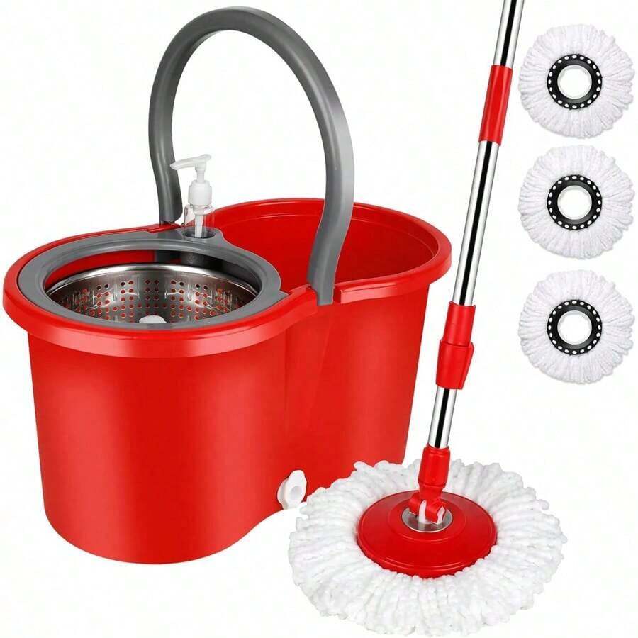 360° Rotating Spin Mop & Bucket With Wringer, Floor Cleaning System With Extended Long Handle, Equipped With Multiple Microfiber Mop Refills, Portable Household Cleaning Tool For Indoor Hard Floor Washing - Màu đỏ - Xem 1