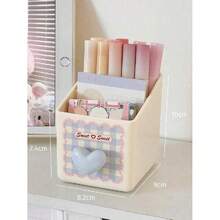 1pc Desktop Stationery Storage Box, Dual-Layer Design, Heart Pattern, Pen Holder, Large Capacity Makeup Brush Organizer, Suitable For Storing Stationery, Pens, Rulers, Great For Students Back To School And Office Supplies, Christmas Gift, Gift For Friends - Blue - 查看 14