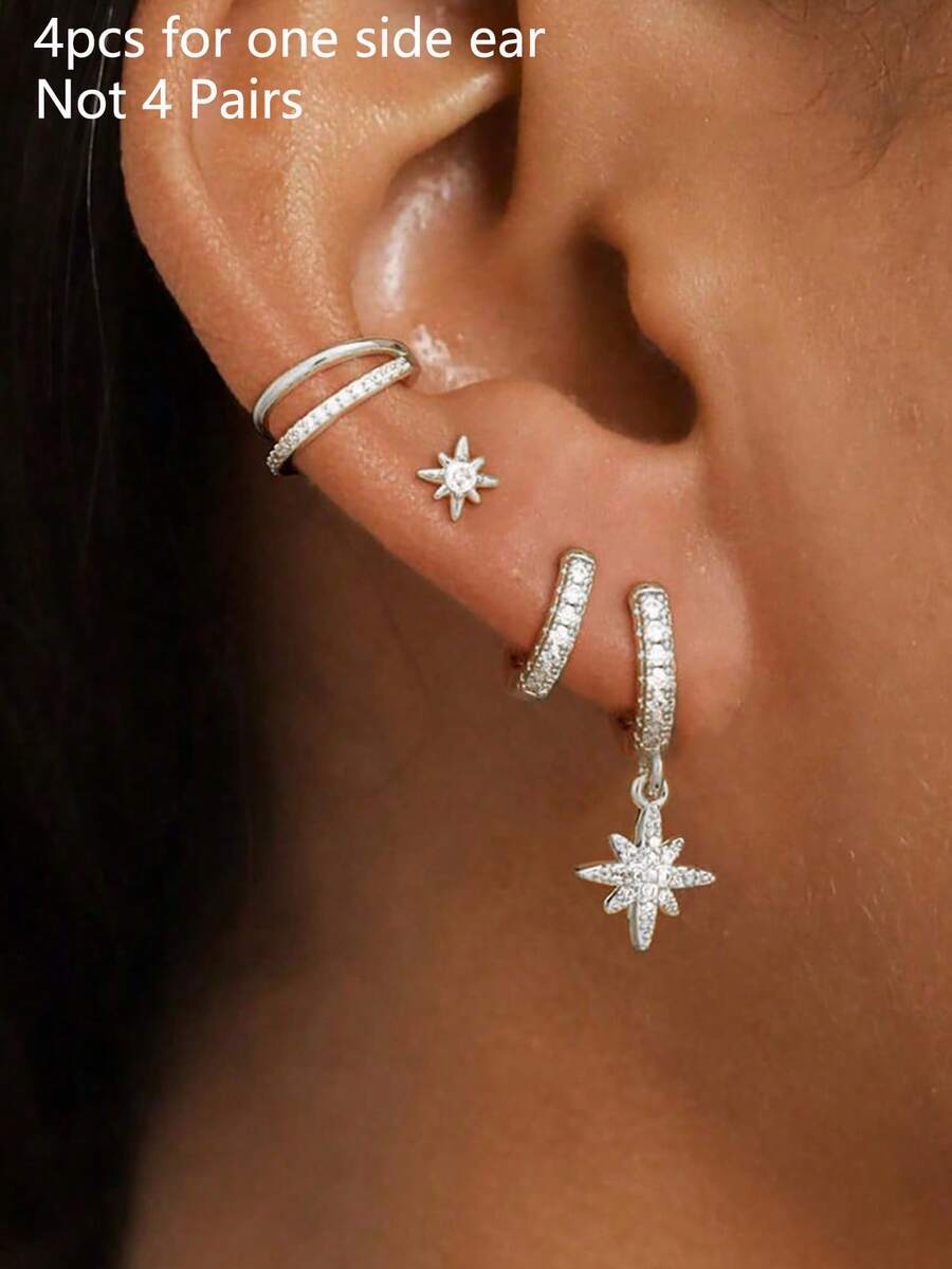 Set de 4 piezas de pendientes de aro con circonita en forma de estrella para mujer, pendientes de cartílago de moda - 4 piezas - Plata - 11# - Ver 1