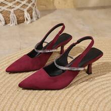 Red Pointed Toe Stiletto High Heel French Style Sandals, Bridesmaid Shoes With Rhinestone Strap And Closed Toe - Burgundy - View 6