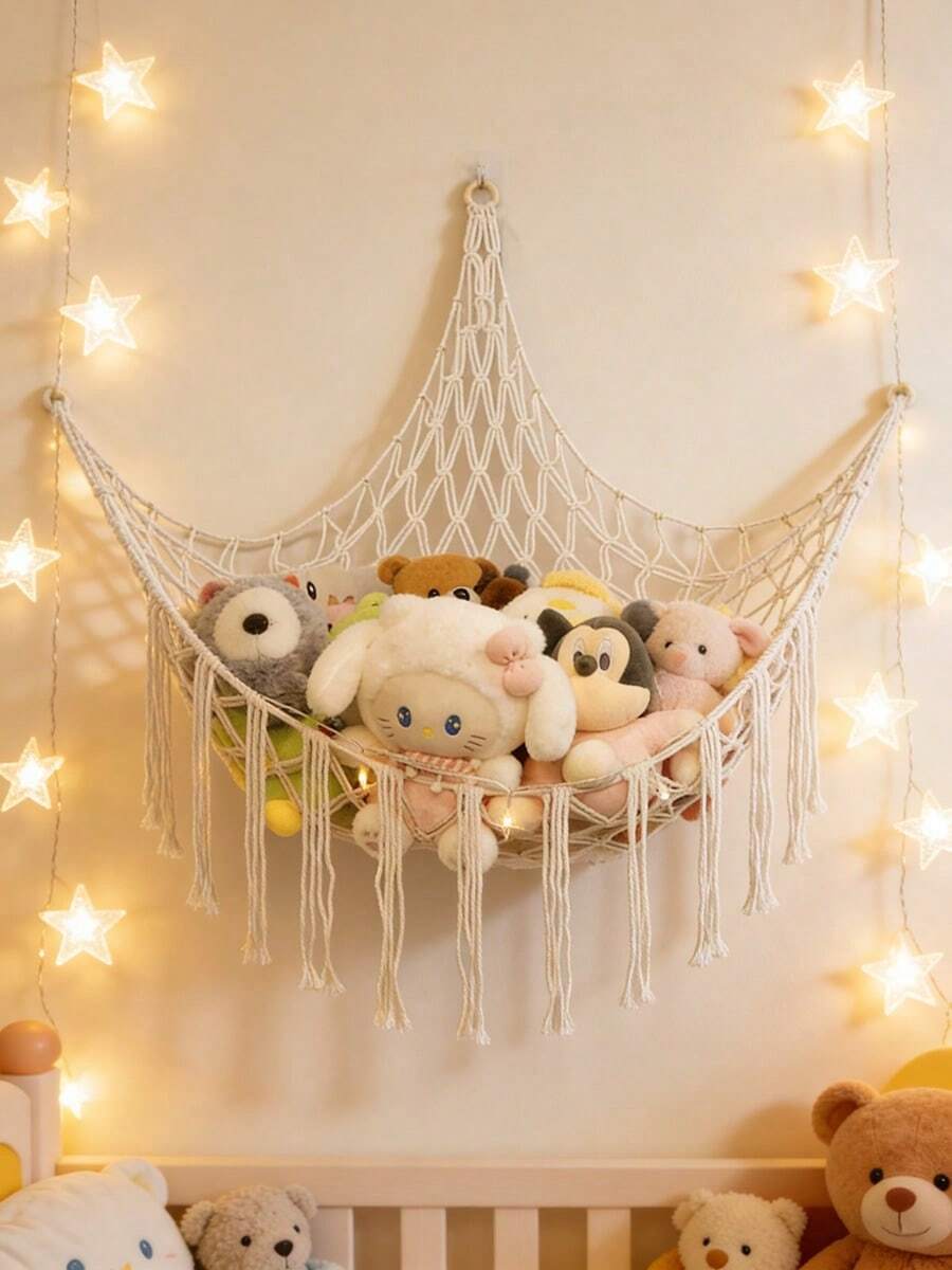 Bohemian Woven Rope Toy Storage Hammock Net, Hanging Plush Toy Corner Organizer With Hooks, Home & Thanksgiving Decor - Beige - View 1