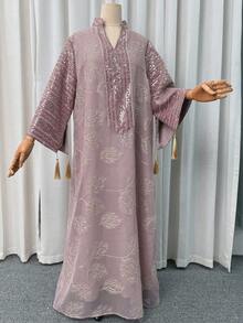 Đầm nữ cổ chữ V thêu sequin phối màu tương phản, tay dài dáng chữ A thanh lịch, phù hợp cho tiệc tùng, đám cưới, và mặc được quanh năm, màu hồng xuân. - Hồng - Xem 5