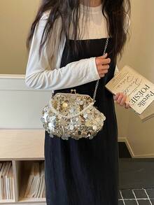 晚宴包、女士包、时尚明星手提包、托特包、单肩斜挎包、纯色链条包、仿珍珠手提包、亮片包 - 金色 - 查看 6