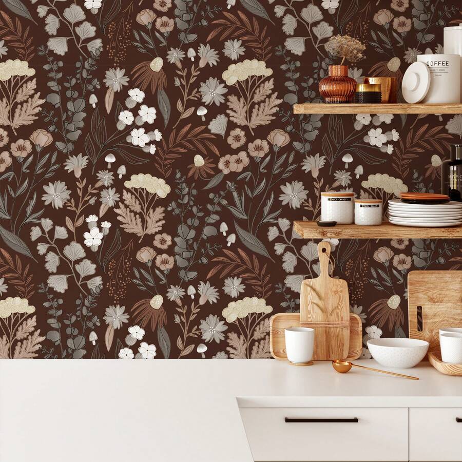 ihomeli Giấy dán tường tự dính Pretty Wild Mushy - Tranh dán tường đồng cỏ mộng mơ dịu nhẹ, giấy dán tường hoa văn phong cách Boho, giấy dán tường bóc dán có thể tháo rời - Nhiều màu - Xem 1