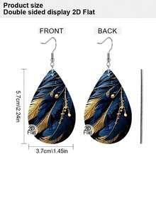 1 par de pendientes colgantes de cuero PU con estampado de plumas azul y dorado, elegantes y de gota de agua, livianos, joyas de moda de lujo para fiestas y uso diario, regalos de moda para el Día de la Madre, Navidad y cumpleaños - Multicolor - Ver 4