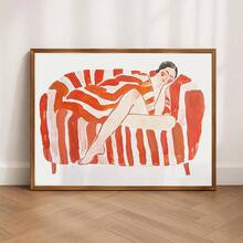 1pc, Canvas Wall Art, Framed Wall Art, Abstract Woman Relaxing On A Red And Orange Striped Sofa, Vibrant Home Decor Painting, Line Art, Art Deco Poster, Apartment Decor, Room Decor Aesthetics, Dopamine-Inducing Decor, Dorm Room Decor, Living Room Decor, Bathroom Decor, Kitchen Decor, Dining Room Decor, Bedroom Decor, Gift, Housewarming Gift, Office Decor - A - View 6