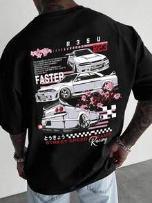 FRACTYR 男士夏季休闲街头时尚 | 嘻哈街头赛车印花T恤 | 必备复古街头风 | 圆领短袖上衣 - 黑色 - 查看 3