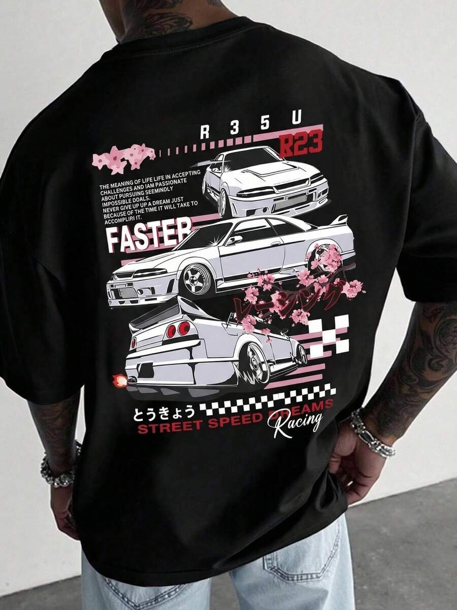 Áo thun nam FRACTYR phong cách đường phố mùa hè thường ngày | Áo thun in họa tiết đua xe đường phố Hip-hop | Phong cách đường phố retro không thể thiếu | Áo cổ tròn tay ngắn - màu đen - Xem 1