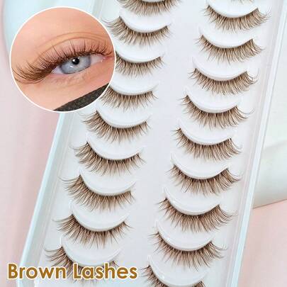 Rikuaild 10 Pairs Brown Lashes Wispy False Eyelashes - Natural Long Lashes Clear Band Reusable Brown Eyelashes