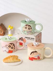 CRAYON SHINCHAN 蜡笔小新陶瓷马克杯带盖，400毫升，可爱卡通水杯，3D狗狗装饰，萌系咖啡杯，日常使用及送礼皆宜 - 彩色 - 查看 3