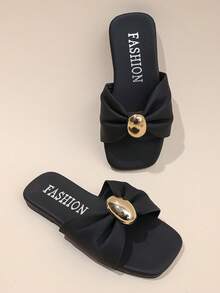 1 Pair 2026 New Women Beach Holiday Slide Sandals, With Ruffle And Lace-Up Design, Smooth Soft White Leather Upper, Square Toe, Flat, Casual Slide Sandals Suitable For Beach Travel, Vacation And Outdoor Activities - Black - View 8