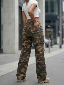 Women's Casual Fashion Street Camo Print Flap Pocket Loose Fit Cargo Jeans, Suitable For Daily Commute - Brown - View 6