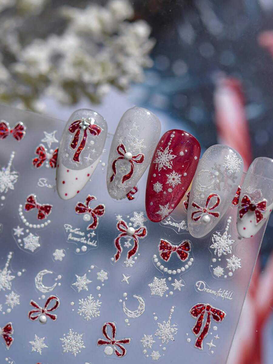 5D Crystal Diamond Nail Stickers - Beautiful Flowing Ribbons, Bows, Moon Shaped Nail Art Decorative Stickers, Self-Adhesive Nail Design Stickers, DIY - Multicolor - View 1