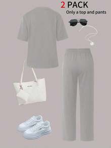 2pcs Women's Summer Set, Personalized Letter Print Round Neck Short Sleeve T-Shirt Paired With High Waist Drawstring Straight Leg Pants - Grey - View 4