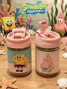 SpongeBob SquarePants 400ml SquarePants And Series Couple Water Bottle, 2-In-1 Design With Handle, Leak-Proof, Suitable For Office, Camping, Home, School, Gift For Girlfriend, Birthday, Christmas, Travel, Sightseeing, Fitness, Multiple Styles, Desktop Water Cup, Daily Use, Suitable For Teacher's Day, Anniversary, Birthday, Women's Gift, Self-Assembly Required - Multicolor - View 3