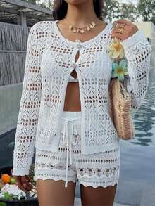 Women's White Ribbed Knit Hollow Button Cardigan And Drawstring Shorts Set, Summer Beach Outfit - White - View 3