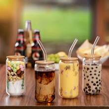 A Set Of Glass Cups, Each With A Capacity Of 550 Ml, Comes With A Lid And A Glass Straw, With One Designed To Resemble A 13.5 Oz And 18.2 Oz Beer Can.These Attractive And Reusable Cups Are Perfect For Enjoying Whiskey, Iced Coffee, Tea, Soda, And Cocktails. - 1 Item - View 10