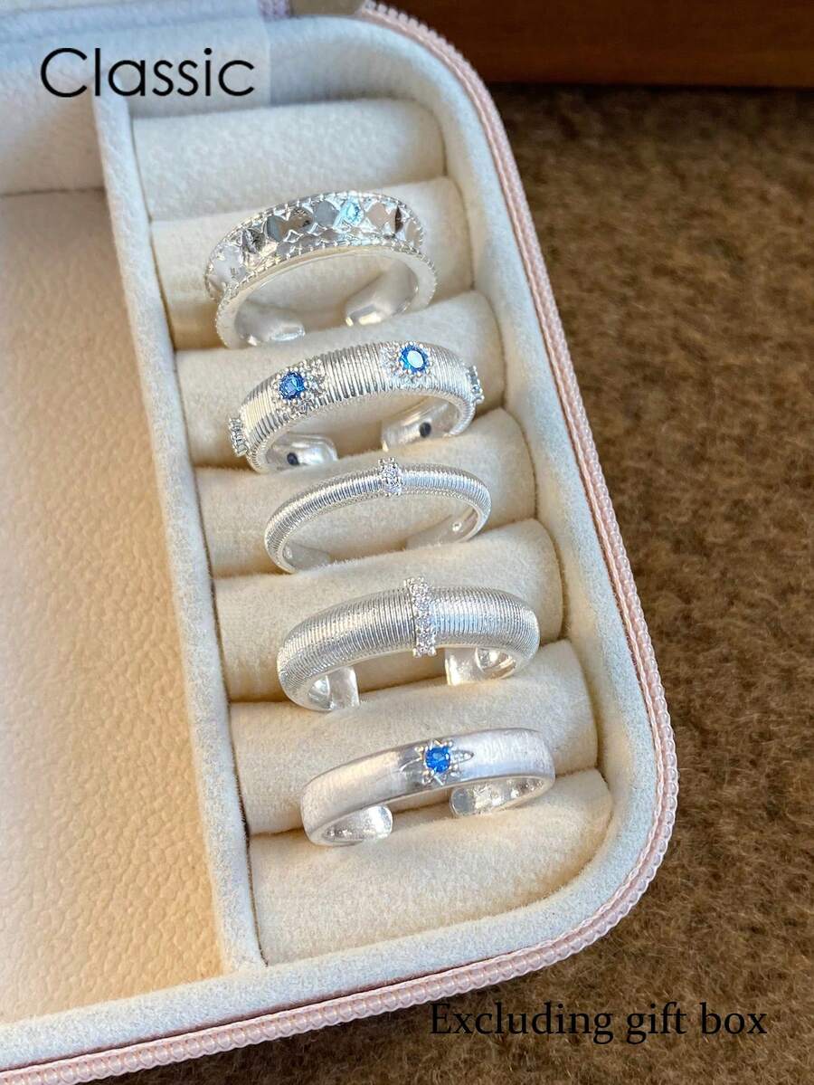 5件套简约优雅几何造型锆石镶嵌戒指，适合女性日常通勤佩戴，时尚高端情侣对戒