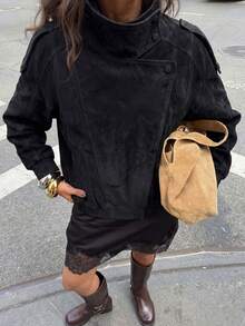 女士春季新款时尚纯色仿皮夹克，休闲夹克，复古立领，拉链口袋，高街风格街头服饰黑色 - 黑色 - 查看 5