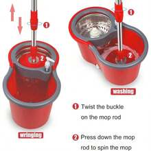 360° Rotating Spin Mop & Bucket With Wringer, Floor Cleaning System With Extended Long Handle, Equipped With Multiple Microfiber Mop Refills, Portable Household Cleaning Tool For Indoor Hard Floor Washing - Màu đỏ - Xem 4