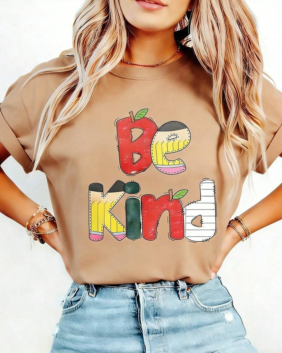 Teacher T-Shirt, Teacher Gift, Best Teacher Gift, Elementary School T-Shirt, Back To School Education T-Shirt, Classroom Clothing, Educator Clothing, Daily Wear, Casual Teacher Shirt, Breathable Fabric,  Kindness Apparel, School Employee Shirt, Educator Gift, School Staff - 2026 New Women's T-Shirts - Summer Tops- Vacation Outfits Women - Summer Outfits - 摩卡棕 - 查看 1