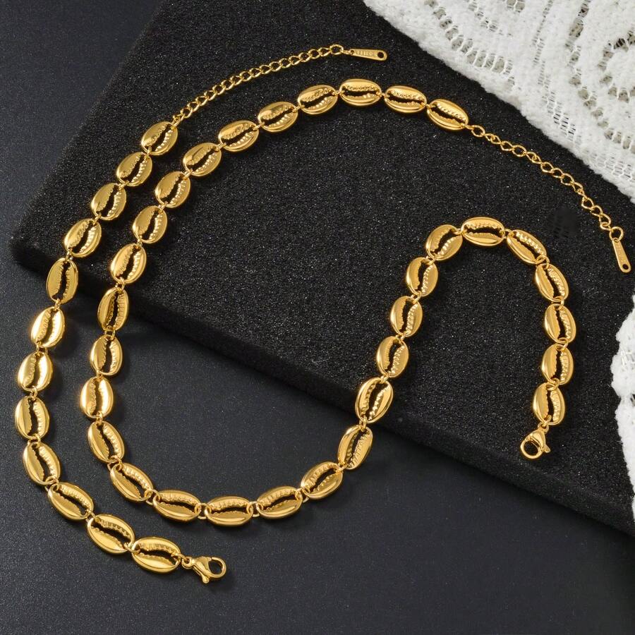 Bộ 2 món trang sức hình vỏ sò mạ vàng 18k phong cách Bohemian dành cho nữ và nam, thích hợp đeo hàng ngày, dự tiệc, mùa hè hoặc đi biển. - Vàng - Xem 1