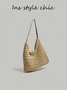 Questa borsa intrecciata in paglia nuova per la primavera/estate 2026 è di colore beige tinta unita, a spalla/a tracolla. Presenta una grande capacità, un design aperto e portatile, ed è sia elegante che pratica. Perfetta per uno stile rilassato e pronto per le vacanze, ideale per lo shopping, i viaggi e le passeggiate tranquille. - Beige - Visualizzare 6