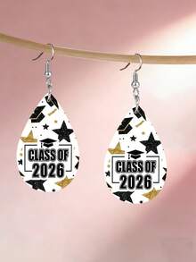 2026届毕业纪念泪滴耳环一对，双面印花闪光黑色金色毕业帽星形图案PU皮革耳环，毕业派对珠宝礼物（女士款） - 彩色 - 查看 1
