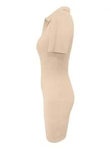 Women V-Neck Ribbed Knit Bodycon T-Shirt Dress, Solid Color, Casual Wear For Spring And Summer Elegant - Apricot - View 9