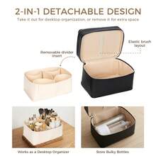 Double Layer Makeup Vanity Case, Large Capacity Cosmetic Bag With Removable Divider & Brush Organizer, Travel Toiletry Bag For Women, Portable PU Leather Organizer With Handle - 黑色 - 查看 8