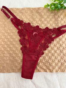 1pc Personalized Name Customized Crystal Letter Decor Sexy Embroidery Bikini Panty, T-Back Floral Panty, Custom Made G-String Underwear, Gift For Girlfriend, Wife, Best Friend For Valentine's Day, Christmas, Halloween, Thanksgiving, Birthday, Anniversary,Bridallingerie - Burgundy - View 5