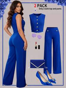 女士无袖纽扣西装外套搭配直筒休闲裤夏季套装 - 藍色 - 查看 1